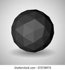 Abstract black low polygonal sphere made of triangular faces with shadow