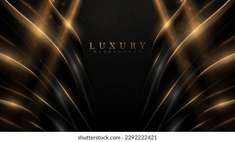 Abstract black luxury background with gold curve element and golden light effect decorations and bokeh.