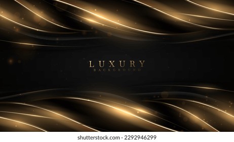 Abstract black luxury background with gold curve element and golden light effect decorations and bokeh.