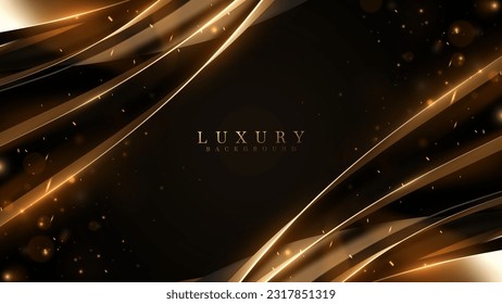 Abstract black luxury background with gold ribbon elements and light effect decorations and bokeh.