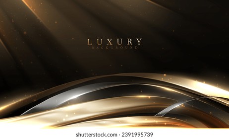 Abstract black luxury background with gold ribbon elements and light effect decorations and bokeh.