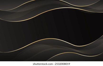 Abstract black luxury background with gold lines. Elegant wave modern wallpaper. Template banner background for sales, ads, events, awards, web, pages, and others