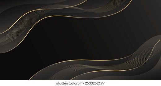 Abstract black luxury background with gold lines. Elegant wave modern wallpaper. Template banner background for sales, ads, events, awards, web, pages, and others