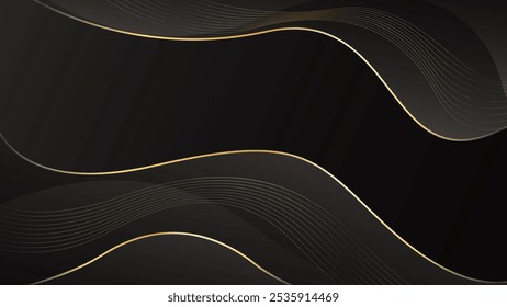 Fundo de luxo preto abstrato com linhas de ouro. Elegante onda papel de parede moderno. Plano de fundo de banner de modelo para vendas, anúncios, eventos, prêmios, Web, páginas e outros