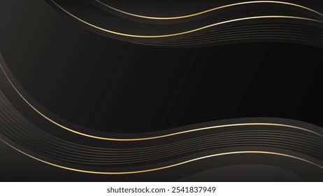 Abstract black luxury background with gold lines. Elegant wave modern wallpaper. Template banner background for sales, ads, events, awards, web, pages, and others