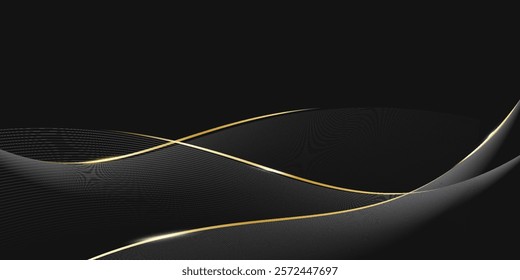Abstract black luxury background with gold lines. Elegant wave modern wallpaper. Template banner background for sales, ads, events, awards, web, pages, and others
