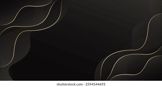 Abstract black luxury background with gold lines. Elegant wave modern wallpaper. Template banner background for sales, ads, events, awards, web, pages, and others