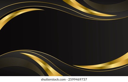 Abstract black luxury background with gold lines. Elegant wave modern wallpaper. Template banner background for sales, ads, events, awards, web, pages, and others