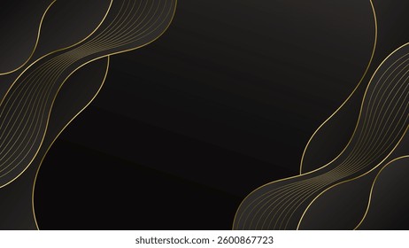 Abstract black luxury background with gold lines. Elegant wave modern wallpaper. Template banner background for sales, ads, events, awards, web, pages, and others	
