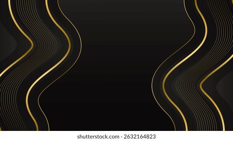 Abstract black luxury background with gold lines. Elegant wave modern wallpaper. Template banner background for sales, ads, events, awards, web, pages, and others	