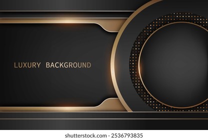 Abstract black luxury background with golden circles and overlapping geometric shapes 
