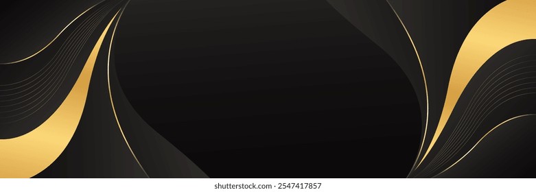 Abstract black luxury banner background with gold lines. Elegant wave modern wallpaper. Suitable for templates, banners, sales, ads, events, awards, web pages, and headers