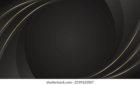 Fundo curvo preto abstrato com linhas de ouro. Papéis de parede modernos elegantes. Adequado para modelos, banners, cartões, vendas, anúncios, eventos, prêmios, web e páginas