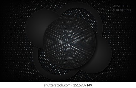 Abstract black luxury papercut background with circle shapes. Texture with silver glitters dots element. Vector illustration.