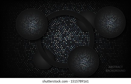 Abstract black luxury papercut background with circle shapes. Texture with silver glitters dots element. Vector illustration.