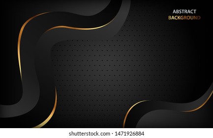 Abstract black luxury wave background with golden line elements. Modern and elegant paper cut style design template. Fluid dynamic composition for banner, flyer, cover and card.