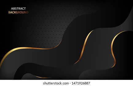 Abstract black luxury wave background with golden line elements. Modern and elegant paper cut style design template. Fluid dynamic composition for banner, flyer, cover and card.