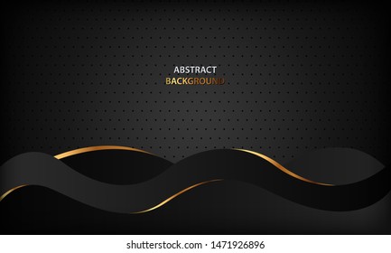 Abstract black luxury wave background with golden line elements. Modern and elegant paper cut style design template. Fluid dynamic composition for banner, flyer, cover and card.