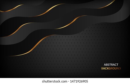 Abstract black luxury wave background with golden line elements. Modern and elegant paper cut style design template. Fluid dynamic composition for banner, flyer, cover and card.