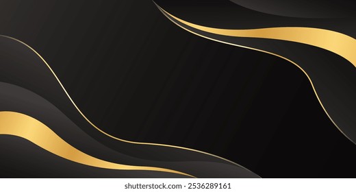 Abstractas fondo de onda de lujo negro con líneas de oro. Elegantes Fondos de pantalla modernos. Adecuado para Plantillas, Anuncios, tarjetas, ventas, anuncios, eventos, premios, Web y páginas
