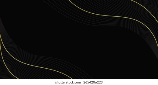 Fundo de onda de luxo preto abstrato com linhas de ouro. Elegante papel de parede moderno. Adequado para modelos, banners, cartões, vendas, anúncios, eventos, prêmios, web e páginas