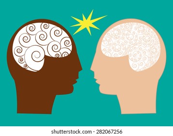 Abstract Black man vs white man brain about ability, logic and thinking