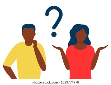 Abstract black man and woman with question mark. People solve problem, choose solution. Concept of dispute, conflict, deadlock. People asks questions. Think, trouble, worried, confused human. Vector