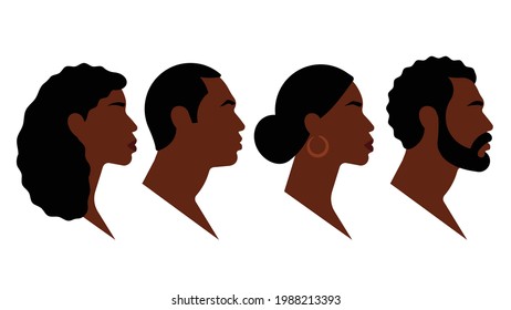 Abstract black men and women faces. Silhouettes, faces, heads of different black people, side view, portrait. Abstract human avatar set. Modern vector illustration.