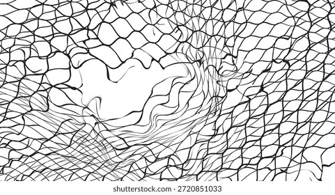An abstract black mesh with torn sections revealing organic shapes and flowing lines against a stark white background, perfect for unique graphic design projects or as a textured artistic