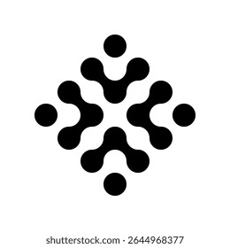 Abstract black metaball cross or star shape icon isolated on transparent background with copy space. Molecular Network Symbol in Black and White for Science, Innovation, Biotech and Digital Branding