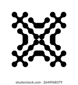 Abstract black metaball cross or star shape icon isolated on transparent background with copy space. Molecular Network Symbol in Black and White for Science, Innovation, Biotech and Digital Branding