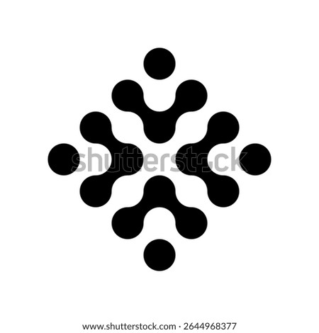 Abstract black metaball cross or star shape icon isolated on transparent background with copy space. Molecular Network Symbol in Black and White for Science, Innovation, Biotech and Digital Branding
