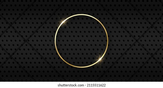 Abstract Black Metallic Wallpaper With Gold Ring And Lines. Metal Dark Black Background Perforated By Dots. Glow Circle On Steel Metal Backdrop. Abstract Modern Design. Vector Illustration.