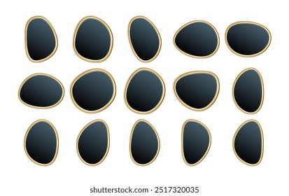 Abstractas espejos negros con marcos dorados. Una colección de gotas abstractas, espejos negros de forma irregular con marcos dorados. Ilustración vectorial EPS10