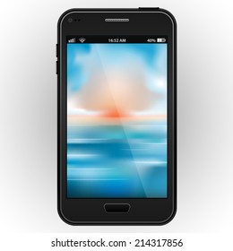 Abstract black mobile phone with a blurred nature background vector illustration