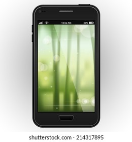 Abstract black mobile phone with a blurred nature background vector illustration