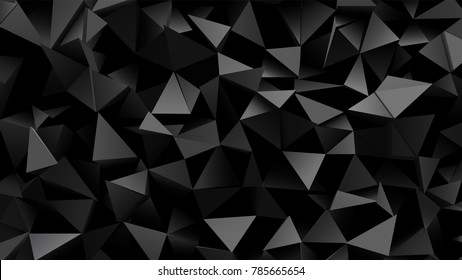 Abstract black monochrome background with geometric triangular shapes. Modern space pattern. 3D rendering.