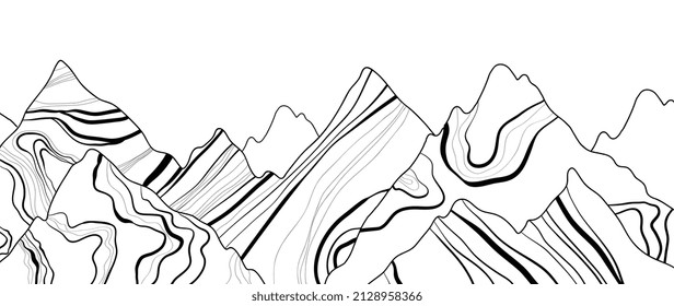 Abstract black mountain line art background. Minimalist landscape on white wallpaper with hills, wavy and curved line in hand drawn pattern. Design for cover, banner, print, wall art, decoration.