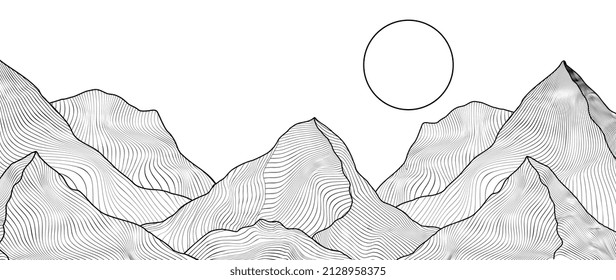 Abstract black mountain line art background. Minimalist landscape on white wallpaper with hills, wavy and curved line in hand drawn pattern. Design for cover, banner, print, wall art, decoration.