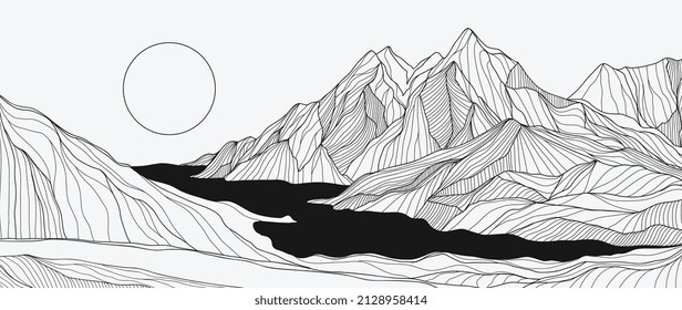 Abstract black mountain line art background. Minimalist landscape on white wallpaper with hills, sun, moon and river in hand drawn pattern. Design for cover, banner, print, wall art, decoration.