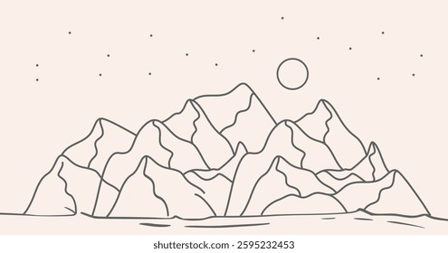 Abstract Black mountain on Day time background. Minimalist landscape on Luxury wallpaper with hills, sun, moon in hand drawn pattern. Line art design for cover, banner, print, wall art, decoration.
