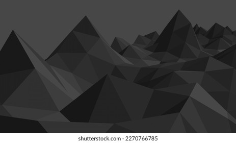 Resumen del paisaje montañoso negro, malla 3d, modelado de polos bajos, cristales oscuros, diseño vectorial