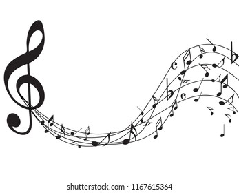 Abstract black music notes on line wave background. Black G-clef and music notes isolated vector illustration Can be adapt to Brochure, Annual Report, Magazine, Poster, Corporate Presentation,