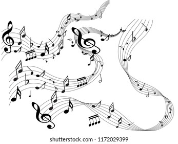 Abstract black music notes on line wave background. Black G-clef and music notes isolated vector illustration Can be adapt to Brochure, Annual Report, Magazine, Poster, Corporate Presentation,