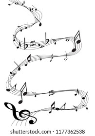 Abstract black music notes on line wave background. Black G-clef and music notes isolated vector illustration Can be adapt to Brochure, Annual Report, Magazine, Poster, Corporate Presentation,