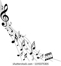 Abstract black music notes on line wave background. Black G-clef and music notes isolated vector illustration Can be adapt to Brochure, Annual Report, Magazine, Poster, Corporate Presentation,
