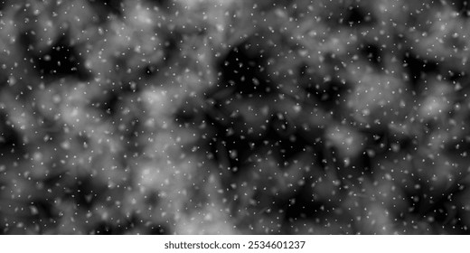 Abstract black night seamless patern of falling blurred snow. Clouds and snowfall on dark sky bg. Vector illustration with overlay effect and transparent elements. Winter cold weather