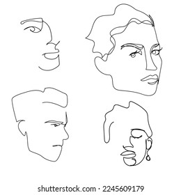 Abstract black one line drawing of women and men faces on white background.  Vector illustration.