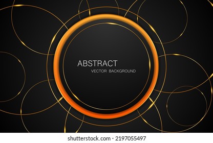 Abstrakte schwarz-orange Kreise mit eleganten goldenen Linien auf schwarzem Hintergrund und freier Raum für Design.
