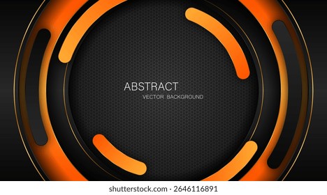 Abstract black and orange curves with golden lines on dark steel mesh background. with free space for design. modern technology innovation concept background	